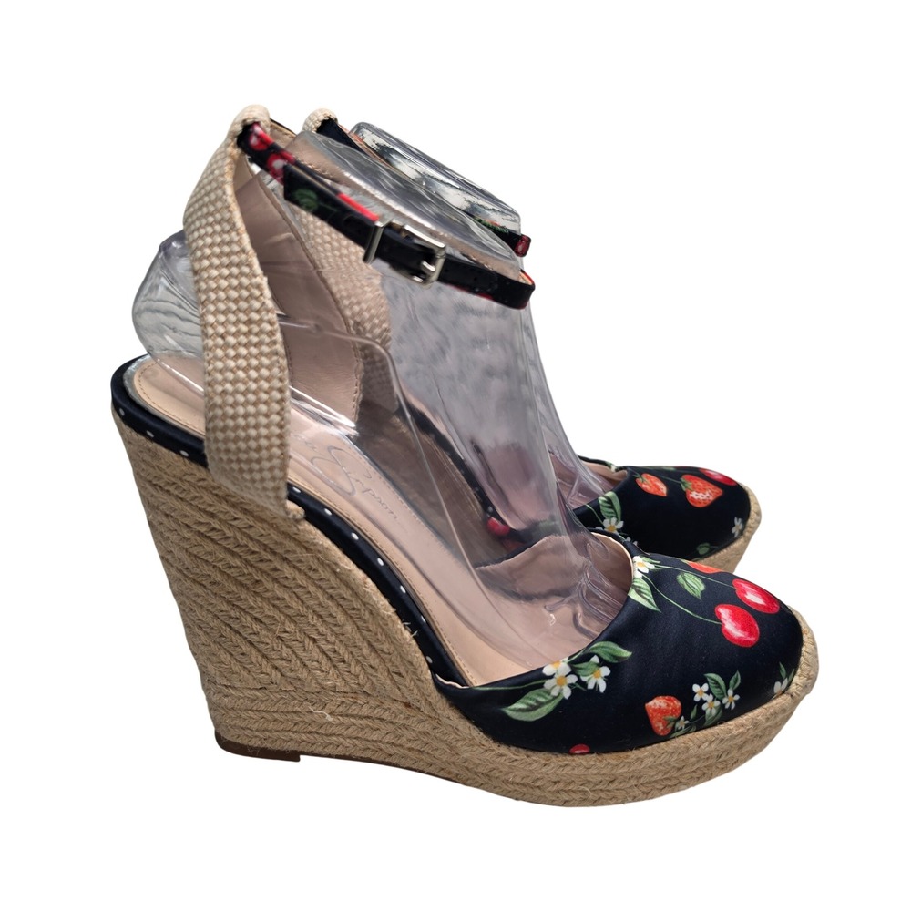 Jessica Simpson Wedges Women 8.5 Navy Fruit Print Cherry Strawberry Espadrille